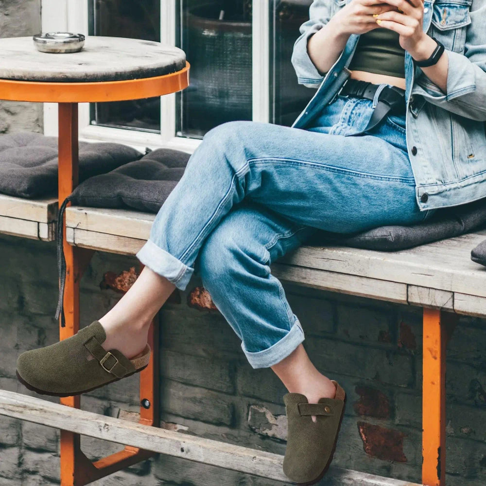 Genuine Suede Buckle Clogs